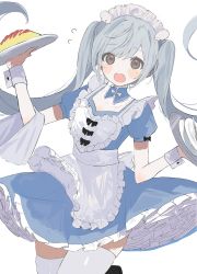 Rule 34 | 1girl, apron, black bow, blue dress, bow, brown eyes, commentary, detached sleeves, dress, flying sweatdrops, food, frilled apron, frilled dress, frills, grey hair, highres, ketchup, long hair, maid, maid day, maid headdress, mechiru, omelet, omurice, original, petticoat, plate, puffy short sleeves, puffy sleeves, short sleeves, sidelocks, skindentation, sleeve bow, solo, sweat, thighhighs, towel, tray, twintails, very long hair, white apron, white headwear, wing hair ornament, wrist cuffs, zettai ryouiki