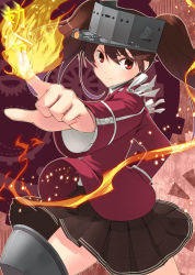 Rule 34 | 10s, 1girl, brown hair, brown skirt, fire, kantai collection, long hair, nueco, personification, red eyes, ryuujou (kancolle), skirt, solo, twintails, visor cap