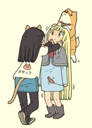 Rule 34 | 2girls, animal, animal ears, beige background, bell, black hair, black pants, blonde hair, blue dress, blue eyes, blue skirt, blunt bangs, blush stickers, boots, brown footwear, capelet, cat ears, cat girl, cat tail, cattail, clothes writing, commentary request, dog, dress, grey capelet, grey footwear, hands on another&#039;s face, holding, layered sleeves, long hair, long sleeves, multiple girls, open mouth, original, outstretched arms, pants, plant, print shirt, profile, shirt, shoe soles, short over long sleeves, short sleeves, simple background, skirt, sleeves past wrists, standing, standing on one leg, tail, translation request, v-shaped eyebrows, very long hair, wavy mouth, white shirt, yukimoto shuuji (gurigura)