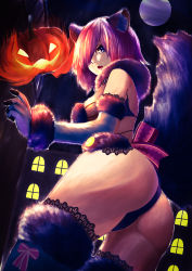 Rule 34 | 1girl, animal ears, ass, backlighting, black panties, breasts, building, cowboy shot, dutch angle, elbow gloves, fate/grand order, fate (series), from behind, from below, full moon, fur-trimmed gloves, fur-trimmed legwear, fur trim, gloves, hair over one eye, halloween costume, jack-o&#039;-lantern, junhoka, lace, lace-trimmed legwear, lace trim, large breasts, looking at viewer, mash kyrielight, mash kyrielight (dangerous beast), moon, official alternate costume, open mouth, outdoors, panties, pumpkin, purple eyes, purple hair, revealing clothes, short hair, solo, standing, tail, thighhighs, underwear, wolf ears, wolf tail