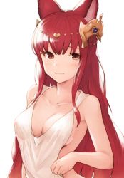 Rule 34 | 1girl, animal ears, anthuria, bad id, bad twitter id, bare shoulders, blush, breasts, cleavage, collarbone, dress, erune, granblue fantasy, hair ornament, highres, koretsuki azuma, long hair, looking at viewer, red eyes, simple background, smile, solo, white background