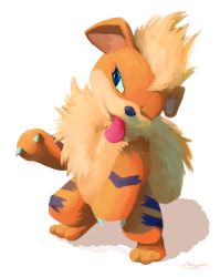 Rule 34 | animal focus, blue eyes, claws, commentary, creatures (company), full body, game freak, gen 1 pokemon, growlithe, head tilt, highres, likey, nintendo, no humans, one eye closed, pokemon, pokemon (creature), signature, solo, standing, tongue, tongue out, white background
