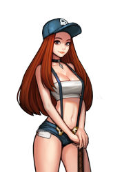 Rule 34 | 1girl, athena (hyper universe), bandeau, bare shoulders, baseball cap, black neckwear, blue hat, blue shorts, breasts, brown eyes, buckle, character request, choker, cleavage, closed mouth, commentary, cowboy shot, cutoffs, denim, denim shorts, hat, highres, hyper universe, jewelry, jungon kim, large breasts, lips, long hair, looking at viewer, navel, own hands together, pendant, red hair, red lips, short shorts, shorts, simple background, skull, solo, standing, stomach, strapless, striped legwear, suspender shorts, suspenders, thick eyebrows, thighs, tube top, v arms, very long hair, white background