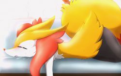 Rule 34 | 1girl, animal ear fluff, animal ears, animal nose, black fur, blush, body fur, braixen, closed eyes, couch, creatures (company), female focus, flat chest, fox ears, fox girl, fox tail, from side, furry, furry female, game freak, gen 6 pokemon, highres, hot, ibutsu, indoors, lying, multicolored fur, neck fur, nintendo, nose blush, on couch, on stomach, open mouth, pokemon, pokemon (creature), profile, snout, solo, stick, sweat, tail, thick thighs, thighs, white fur, yellow fur