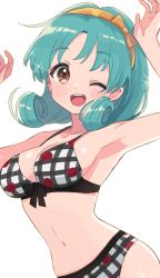 Rule 34 | 1girl, armpits, arms up, bare shoulders, bikini, breasts, brown eyes, commentary, flipped hair, green hair, hairband, heart, heart-shaped pupils, highres, idolmaster, idolmaster shiny colors, light blush, looking at viewer, medium breasts, medium hair, navel, one eye closed, open mouth, parted bangs, plaid, plaid bikini, round teeth, shiny skin, simple background, solo, sparkle, sukoyaka (100hituzi), swimsuit, symbol-shaped pupils, teeth, tokugawa matsuri, upper teeth only