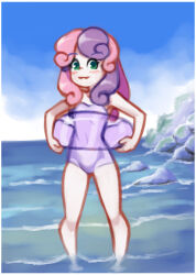 Rule 34 | 1girl, barefoot, blush, cloud, collarbone, colored skin, drantyno, flat chest, green eyes, hasbro, highres, innertube, long hair, looking at viewer, multicolored hair, my little pony, my little pony: equestria girls, my little pony: friendship is magic, ocean, one-piece swimsuit, pink hair, purple hair, purple one-piece swimsuit, rock, sky, smile, standing, sweetie belle, swim ring, swimsuit, two-tone hair, water, white skin