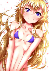 Rule 34 | 1girl, bikini, blonde hair, blush, breasts, collarbone, commentary request, dutch angle, hat, highres, lily white, long hair, looking at viewer, micro bikini, navel, out-of-frame censoring, petals, purple eyes, small breasts, smile, solo, swimsuit, touhou, upper body, v arms, very long hair, zan (harukahime)