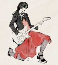 Rule 34 | 1girl, black footwear, black hair, black jacket, black pantyhose, blue eyeshadow, blue nails, commentary, dress, electric guitar, english commentary, eyeshadow, from side, full body, green nails, grey background, guitar, highres, instrument, jacket, jewelry, kgeroua, kneeling, long hair, long sleeves, looking at viewer, makeup, multicolored nails, necklace, original, pantyhose, purple lips, red dress, red nails, simple background, solo, yellow nails