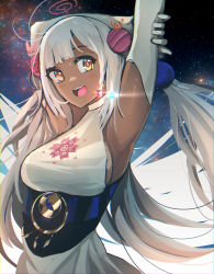 Rule 34 | 1girl, absurdres, advarcher, armpits, arms up, breasts, dark-skinned female, dark skin, elbow gloves, gloves, hair ornament, halterneck, highres, hololive, hololive english, large breasts, light brown hair, long hair, looking at viewer, open mouth, planet hair ornament, sidelocks, sky, smile, solo, space, star (sky), starry sky, tsukumo sana, tsukumo sana (1st costume), twintails, underbust, very long hair, virtual youtuber, white gloves, yellow eyes