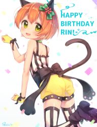 Rule 34 | 1girl, :3, animal ears, bad id, bad pixiv id, black thighhighs, blush, bow, cat ears, cat tail, character name, gloves, green bow, hair bow, happy birthday, hoshizora rin, komachi pochi, looking at viewer, love live!, love live! school idol festival, love live! school idol project, orange hair, short hair, smile, solo, striped clothes, striped thighhighs, tail, thighhighs, vertical-striped clothes, vertical-striped thighhighs, white thighhighs, yellow eyes, yellow gloves