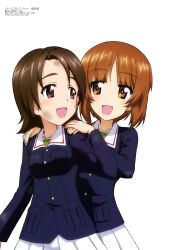 Rule 34 | 2girls, :d, absurdres, black jacket, brown eyes, brown hair, collarbone, dirty face, girls und panzer, green shirt, hand on another&#039;s shoulder, highres, jacket, long sleeves, looking at another, medium hair, megami magazine, multiple girls, nishizumi miho, official art, ooarai military uniform, open mouth, parted bangs, pleated skirt, sawa azusa, scan, shirt, simple background, skirt, smile, standing, sugimoto isao, uniform, white background, white skirt