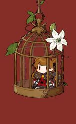 Rule 34 | 1girl, birdcage, black jacket, black ribbon, black shirt, brown hair, cage, chibi, closed mouth, collared shirt, commentary request, double bun, e.g.o (project moon), employee (project moon), expressionless, flower, fur-trimmed jacket, fur trim, hair bun, hair ribbon, highres, hoshizuki sakusa, jacket, lobotomy corporation, long hair, long sleeves, mini person, minigirl, no nose, open clothes, open jacket, project moon, red background, red eyes, red vest, ribbon, shirt, simple background, single wing, sitting, solo, vest, white flower, wings, | |