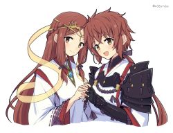 Rule 34 | 2girls, braid, brown hair, fan la norne, highres, holding hands, japanese clothes, long hair, lora (xenoblade), mochimochi (xseynao), multiple girls, robe, simple background, white background, white robe, xenoblade chronicles (series), xenoblade chronicles 2, xenoblade chronicles 2: torna - the golden country, yellow eyes