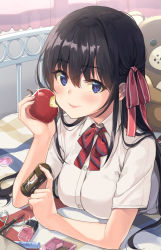 Rule 34 | 1girl, bed frame, bed sheet, black hair, blue eyes, blush, bow, bowtie, breasts, closed mouth, collared shirt, commentary request, cosmetics, food, fruit, hair between eyes, hair ribbon, highres, holding, holding food, holding fruit, hourglass, lipstick tube, long hair, looking at viewer, lying, medium breasts, on bed, on stomach, original, pink lips, pink ribbon, red bow, red bowtie, ribbon, scissors, shirt, short sleeves, smile, solo, sparkle, straight hair, striped bow, striped bowtie, striped clothes, striped neckwear, stuffed animal, stuffed toy, teddy bear, unasaka ryou, white shirt