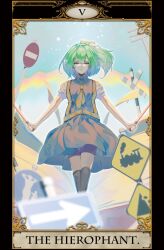 Rule 34 | 1girl, beji-kun, black socks, blue eyes, bow, collared dress, collared shirt, colored skin, commentary request, cookie (touhou), daiyousei, diyusi (cookie), dress, dual wielding, falling rocks sign, feet out of frame, green hair, grey dress, hair between eyes, hair bow, half-closed eyes, high-visibility vest, high ponytail, highres, holding, looking at viewer, manatsu no yo no inmu, medium bangs, medium hair, no entry sign, offside: diyusi, one way sign, open mouth, pedestrians only sign, railroad crossing ahead sign, rainbow, road sign, roman numeral, shirt, sign, sleeveless, sleeveless dress, socks, solo, tarot, tarot (medium), the hierophant (tarot), touhou, traffic baton, white shirt, white skin, yajuu senpai, yellow bow