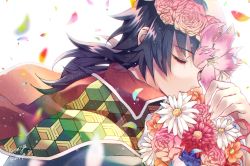 Rule 34 | 1boy, aomiya, artist name, black hair, black jacket, bouquet, chromatic aberration, closed eyes, closed mouth, commentary request, falling petals, flower, haori, head wreath, highres, jacket, japanese clothes, kimetsu no yaiba, long hair, male focus, petals, pink flower, ponytail, red flower, simple background, solo, tomioka giyuu, twitter username, upper body, white background, white flower