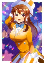 Rule 34 | 1girl, :d, arm behind head, arm up, blue bow, blue bowtie, blush, bow, bowtie, breasts, brown eyes, brown hair, center frills, commentary request, commission, earrings, frills, hat, jacket, jewelry, kou hiyoyo, long hair, looking at viewer, medium breasts, miss mishitarina, open mouth, pants, parodius, shirt, skeb commission, smile, solo, star (symbol), starry background, striped clothes, striped headwear, striped pants, vertical-striped clothes, vertical-striped headwear, vertical-striped pants, white shirt, yellow jacket