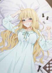 Rule 34 | 1girl, bed, bed sheet, bedroom, blonde hair, blue eyes, blue nightgown, blunt bangs, blush, board game, chess, chess piece, chessboard, elf, from above, half-closed eyes, highres, indoors, long hair, long pointy ears, looking at viewer, lying, mikazuchi zeus, nightgown, on back, on bed, pillow, pointy ears, princess connect!, saren (princess connect!), smile, solo, wavy hair