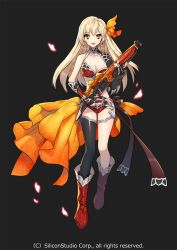 Rule 34 | 1girl, asymmetrical legwear, bare shoulders, blonde hair, boots, breasts, earrings, fingerless gloves, full body, gloves, gyakushuu no fantasica, hair ornament, jewelry, large breasts, long hair, looking at viewer, mami (apsaras), mismatched legwear, official art, open mouth, orange eyes, simple background, solo, thighhighs, tongue