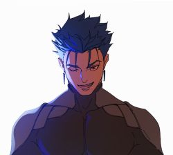 Rule 34 | 1boy, alternate costume, blue hair, close-up, collarbone, cu chulainn (fate), cu chulainn (fate/stay night), earrings, fang, fate/grand order, fate (series), grin, jewelry, long hair, looking at viewer, lovesheng1314, male focus, muscular, muscular male, one eye closed, open mouth, pectorals, red eyes, short hair, simple background, skin tight, smile, solo, spiked hair, white background