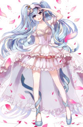 Rule 34 | 1girl, absurdly long hair, arm up, asakaya, blue hair, grey eyes, hatsune miku, highres, long hair, open mouth, petals, skirt, solo, very long hair, vocaloid, white background