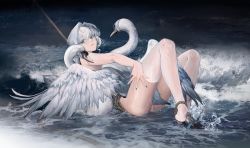 Rule 34 | 1girl, absurdres, bird, bound ankles, gtcpst, highres, looking at viewer, no panties, rope, solo, swan, thighhighs, water, waves, wet, white hair, white thighhighs