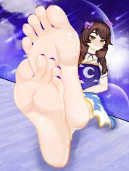 Rule 34 | absurdres, barefoot, cloth, dress, feet, foot focus, highres, indie virtual youtuber, looking at viewer, nimu (vtuber), non-web source, skirt, smile, solo, virtual youtuber