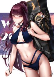 Rule 34 | 1girl, absurdres, bag, bikini, blue bikini, blush, breasts, bullpup, cameltoe, carrying bag, collarbone, criss-cross halter, girls&#039; frontline, gun, halterneck, highres, jewelry, long hair, looking at viewer, navel, necklace, purple hair, red eyes, rifle, ring, ring necklace, sniper rifle, solo, swimsuit, von.franken, wa2000 (girls&#039; frontline), walther, walther wa 2000, weapon