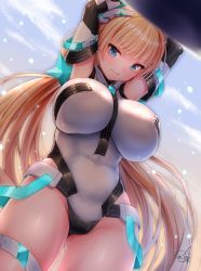 Rule 34 | 1girl, angela balzac, armor, arms up, black gloves, blonde hair, blue eyes, blunt bangs, blurry, breasts, closed mouth, covered navel, curvy, depth of field, deva battle suit, doyouwantto, elbow gloves, from below, frown, gloves, hair ornament, highleg, highleg leotard, impossible clothes, impossible leotard, large breasts, leotard, long hair, looking at viewer, looking down, low twintails, outstretched arms, rakuen tsuihou, shiny clothes, shiny skin, signature, skin tight, sky, solo, standing, star (symbol), star hair ornament, sweatdrop, thigh strap, thighs, twintails, very long hair, white leotard