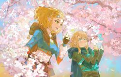 Rule 34 | 1boy, 1girl, armor, belt, blonde hair, blue eyes, blue shirt, blue tunic, blunt bangs, braid, cherry blossoms, crown braid, day, dot nose, earrings, fingerless gloves, flower, gloves, green eyes, hair ornament, hairclip, hanami, hand up, hands up, highres, jewelry, link, long sleeves, looking at viewer, looking to the side, navi, nintendo, open mouth, pointy ears, princess zelda, shawl, shirt, short hair, the legend of zelda, the legend of zelda: tears of the kingdom, tree, white shirt, zexli qiu