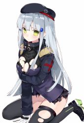 Rule 34 | 1girl, arm under breasts, bad id, bad pixiv id, beret, between legs, black footwear, black hat, black jacket, black skirt, black thighhighs, blush, breast hold, breasts, cleavage, closed mouth, commentary, girls&#039; frontline, gloves, green eyes, hair between eyes, hair ornament, hand between legs, hasegawa (rarairairai), hat, highres, hk416 (girls&#039; frontline), jacket, large breasts, long hair, long sleeves, plaid, plaid skirt, pleated skirt, shoes, silver hair, simple background, skirt, solo, thighhighs, torn clothes, torn jacket, torn skirt, torn thighhighs, very long hair, white background, white gloves