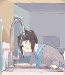 Rule 34 | 1girl, animal ears, aqua neckerchief, blue eyes, blue serafuku, blue skirt, brown hair, cat ears, cat under faucet (meme), chibi, closed mouth, commentary request, faucet, hair flaps, hibike! euphonium, highres, indoors, kitauji high school uniform, kitchen, leaning, leaning forward, liz to aoi tori, long sleeves, looking at object, lyy, meme, neckerchief, on head, one eye closed, ponytail, sailor collar, school uniform, serafuku, sidelocks, skirt, standing, television, tongue, tongue out, water, water drop, wet, wet face, wet hair, yoroizuka mizore