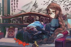 Rule 34 | 1girl, architecture, artist name, bird, black-framed eyewear, black dress, black gloves, blue bodysuit, bodysuit, book, braid, brown eyes, brown hair, closed mouth, commentary, couch, csyday, dress, earrings, east asian architecture, elbow gloves, fate/grand order, fate (series), full body, glasses, gloves, hair between eyes, holding, holding paper, jewelry, lamp, long braid, long hair, looking at viewer, multiple earrings, multiple piercings, mural, painting (object), paper, parted bangs, piercing, pillow, pinstripe pattern, single braid, sitting, solo, strapless, strapless dress, striped, striped bodysuit, vertical stripes, yu mei-ren (fate), yu mei-ren (first ascension) (fate)