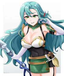 Rule 34 | 1girl, absurdres, aqua hair, armor, bare shoulders, bow, braid, breasts, chloe (fire emblem), commentary, covered navel, cowboy shot, earrings, elbow gloves, fire emblem, fire emblem engage, garter straps, gloves, green eyes, grin, hair between eyes, hair bow, highres, holding, holding polearm, holding weapon, jewelry, large breasts, long hair, looking at viewer, nintendo, polearm, red bow, shoulder armor, smile, solo, spear, standing, thighs, thunder&#039;s fist, very long hair, weapon, white gloves
