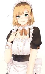 Rule 34 | 1girl, alternate costume, apron, black sleeves, blonde hair, bow, bowtie, breasts, brown bow, brown bowtie, brown hair, cleavage, collarbone, detached collar, enmaided, green eyes, hair between eyes, looking at viewer, maid, miyamori aoi, multicolored hair, open mouth, roots (hair), shirobako, short hair, short sleeves, simple background, small breasts, solo, standing, sweatdrop, tahita1874, two-tone hair, wavy mouth, white apron, white background, wrist cuffs