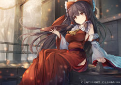 Rule 34 | 1girl, alternate hair length, alternate hairstyle, ascot, bare shoulders, bottle, bow, breasts, brown eyes, brown hair, cherry blossoms, detached sleeves, dress, fal maro, forest, hair bow, hair tubes, hakurei reimu, large breasts, long hair, long sleeves, nature, nontraditional miko, petals, red dress, sakazuki, sake bottle, side slit, sitting, smile, solo, touhou, tray, tree, veranda, very long hair, wide sleeves, wind