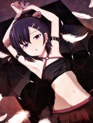 Rule 34 | 10s, 1girl, :o, arm belt, armpits, arms up, artist name, asymmetrical bangs, bandeau, black hair, black skirt, criss-cross halter, demon girl, demon horns, demon wings, feathers, from above, gabriel dropout, groin, hair between eyes, hair ornament, hairclip, halterneck, horns, looking at viewer, lying, navel, nekoya (liu), on back, open mouth, purple eyes, skirt, solo, string, string of fate, vignette tsukinose april, wings, x hair ornament