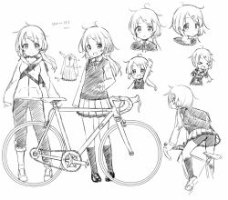 Rule 34 | &gt; &lt;, 1girl, :d, arm up, bicycle, bike shorts, blush, chibi, closed eyes, closed mouth, collared shirt, drawstring, greyscale, hair ornament, hair scrunchie, hairclip, hood, hood down, hooded jacket, jacket, kneehighs, loafers, long hair, low ponytail, monochrome, multiple views, open mouth, original, pants, pigeon-toed, pleated skirt, ponytail, red ribbon, ribbon, school uniform, scrunchie, sekira ame, shirt, shoes, shorts, shorts under skirt, skirt, smile, socks, striped clothes, striped shirt, sweater vest, swept bangs, white background