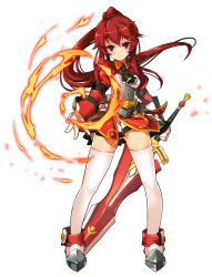 Rule 34 | 1girl, absurdres, claymore (sword), elesis (elsword), elsword, fire, free knight (elsword), full body, high ponytail, highres, holding, holding weapon, long hair, looking at viewer, official art, red eyes, red hair, ress, simple background, solo, thighhighs, transparent background, weapon, white background, white thighhighs