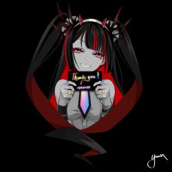 Rule 34 | artist name, black background, blunt bangs, clenched teeth, derivative work, english text, facial mark, grin, highres, horns, jewelry, multicolored eyes, multicolored hair, oni, reirei studio, ring, second-party source, shirt, sleeveless, sleeveless shirt, smile, solo, streaked hair, suzuhana rin, teeth, two side up, upper body, virtual youtuber, yuuta (yuuta0312)