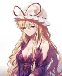 Rule 34 | 1girl, banned artist, bare shoulders, blonde hair, blush, breasts, cleavage, collarbone, commentary request, duplicate, eyelashes, hair between eyes, hair ribbon, hat, hat ribbon, large breasts, light smile, lingerie, long hair, looking at viewer, minust, mob cap, negligee, purple eyes, red ribbon, ribbon, ribbon trim, sidelocks, simple background, solo, standing, touhou, tress ribbon, underwear, underwear only, white background, white hat, yakumo yukari