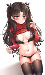 Rule 34 | 1girl, absurdres, black hair, black panties, black thighhighs, blue eyes, blush, bra, clothes lift, fate/stay night, fate (series), front-hook bra, highres, long hair, long sleeves, looking at viewer, navel, open bra, panties, parted bangs, solo, sunhyun, thighhighs, tohsaka rin, two side up, underwear