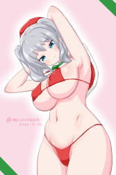 Rule 34 | 1girl, arms behind head, bikini, blue eyes, breasts, capelet, commentary request, cowboy shot, dated, fur-trimmed capelet, fur-trimmed headwear, fur trim, hat, kantai collection, kashima (kancolle), large breasts, masara (chuujou), one-hour drawing challenge, red bikini, red capelet, red hat, santa hat, sidelocks, silver hair, smile, solo, swimsuit, twintails, twitter username, wavy hair