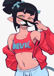Rule 34 | 1girl, absurdres, arm behind back, armpits, bare shoulders, black hair, blue horns, blue scrunchie, blue shorts, blunt bangs, blush, breasts, collarbone, colo (nagrolaz), commentary, cowboy shot, demon horns, demon tail, english commentary, english text, gym shorts, hair ornament, hair scrunchie, hand up, high ponytail, highres, horns, jacket, linea alba, long sleeves, looking at viewer, mask, mask pull, mephia, mouth mask, navel, off shoulder, open clothes, open jacket, pointy ears, red jacket, red sports bra, scrunchie, sharp teeth, short eyebrows, short hair with long locks, shorts, sidelocks, simple background, small breasts, solo, sports bra, straight hair, sweethex, tail, teeth, thick eyebrows, white background, yellow eyes