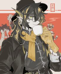Rule 34 | 1girl, 3boys, aak (arknights), arknights, belt, black belt, black coat, black hair, black hat, cat boy, cat girl, chinese clothes, coat, cup, dog boy, furry, furry female, furry male, hat, holding, holding cup, hung (arknights), lee (arknights), monster boy, multiple boys, parted lips, scarf, sirakaro, steam, translation request, waai fu (arknights), yellow eyes, yellow scarf