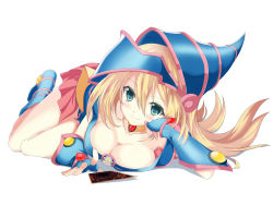 Rule 34 | 1girl, absurdres, bad id, bad pixiv id, bang (gesture), blonde hair, blue eyes, blue footwear, blush, boots, breasts, card, chen wen1124, cleavage, closed mouth, collar, commentary request, dark magician girl, derivative work, dress, duel monster, elbow rest, finger gun, fingerless gloves, fingernails, full body, gloves, hat, highres, knee boots, large breasts, long hair, looking at viewer, lying, magical girl, medium breasts, on stomach, pentagram, shadow, short dress, simple background, smile, solo, thighs, white background, wizard hat, yu-gi-oh!