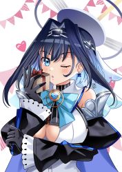 Rule 34 | birthday, black gloves, blue cape, blue hair, blue ribbon, bow, bow earrings, box, breasts, cape, chain, cleavage cutout, clothing cutout, detached sleeves, earrings, gift, gift box, gloves, hair intakes, halo, head chain, headband, heart-shaped gem, highres, holding, holding gift, hololive, hololive english, jewelry, large breasts, looking at viewer, maroonabyss, mechanical halo, one eye closed, ouro kronii, ribbon, ribbon earrings, sailor collar, shirt, short hair, sleeveless, sleeveless shirt, sweater, turtleneck, turtleneck sweater, underboob, underboob cutout, veil, virtual youtuber, zipper