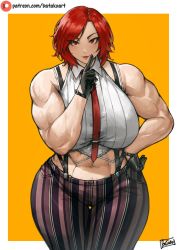 Rule 34 | 1girl, batako (batakoart), breasts, curvy, highres, huge breasts, large breasts, looking at viewer, mature female, muscular, muscular female, necktie, pubic hair, pubic hair peek, red eyes, red hair, signature, sleeveless, snk, solo, suspenders, the king of fighters, thick thighs, thighs, vanessa (kof), wide hips