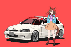 Rule 34 | 1girl, animal ears, blue jacket, breasts, brown footwear, brown hair, brown skirt, brown socks, car, clenched hands, closed mouth, commentary request, full body, highres, honda civic, horse ears, horse girl, horse tail, jacket, long hair, long sleeves, matikane tannhauser (umamusume), medium breasts, miya nns35, motor vehicle, multicolored hair, official alternate costume, open clothes, open jacket, purple shirt, red background, red headwear, shadow, shirt, skirt, smile, socks, solo, streaked hair, tail, umamusume, white hair