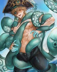 1boy 1other abs aventurine_(honkai:_star_rail) black_pants blonde_hair clothes_lift earrings eyepatch hair_between_eyes hat highres honkai:_star_rail honkai_(series) jewelry looking_at_viewer male_focus multicolored_eyes muscular muscular_male octopus open_clothes open_mouth open_shirt pants pink_eyes pirate_hat shirt shirt_lift short_hair tappeee tentacles white_shirt